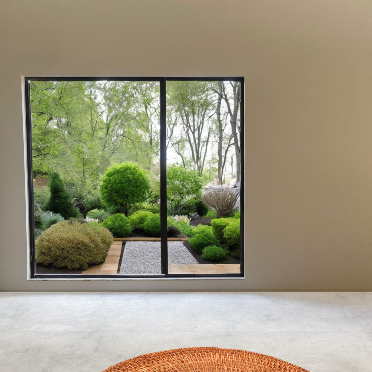 Vista interna de uma grande janela de vidro com moldura preta fina, enquadrando um jardim externo com paisagismo planejado. O jardim contém arbustos redondos de diferentes tons de verde, um caminho de pedriscos claros e árvores altas ao fundo sob luz natural suave.