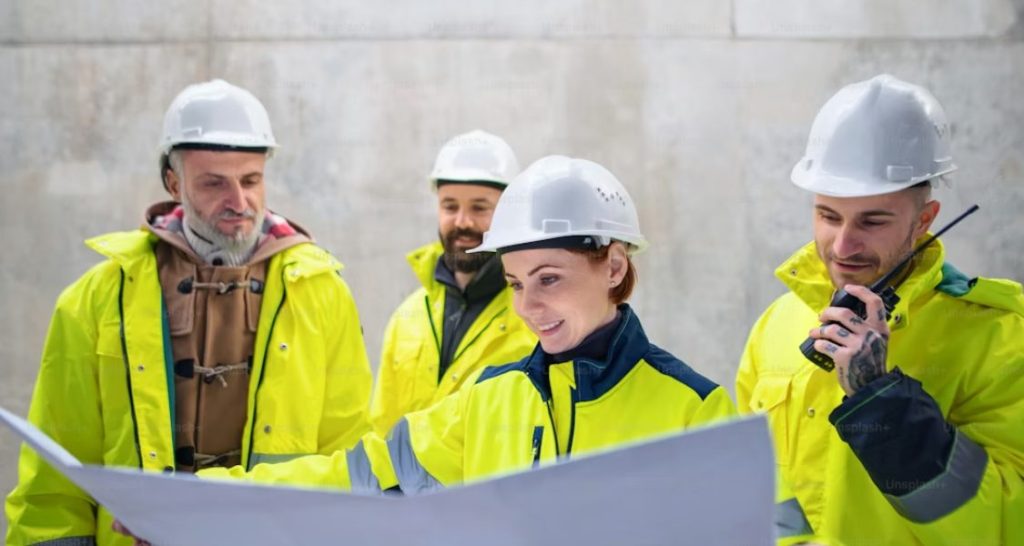 retrata um grupo de trabalhadores da construção civil ou engenharia em um local de obra.