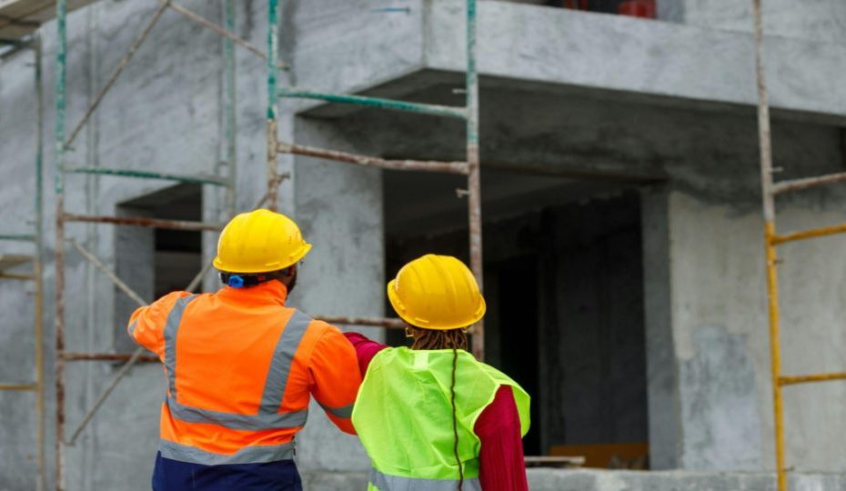 Esta imagem captura uma cena comum em um canteiro de obras, focando em dois profissionais de construção civil de costas, observando a estrutura de um edifício.