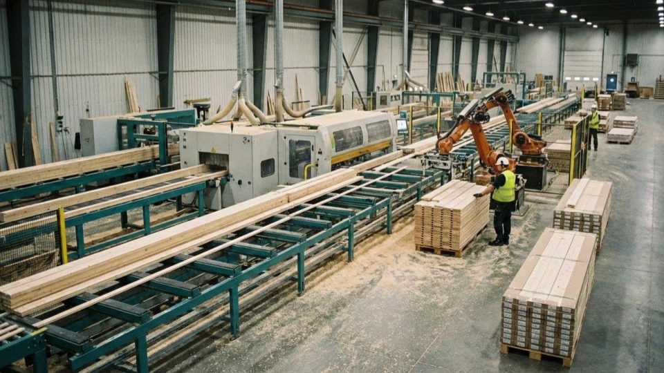 imagem retrata o ambiente industrial de uma fábrica de beneficiamento de madeira, onde ocorre a produção em larga escala de elementos como os rodapés vistos anteriormente.