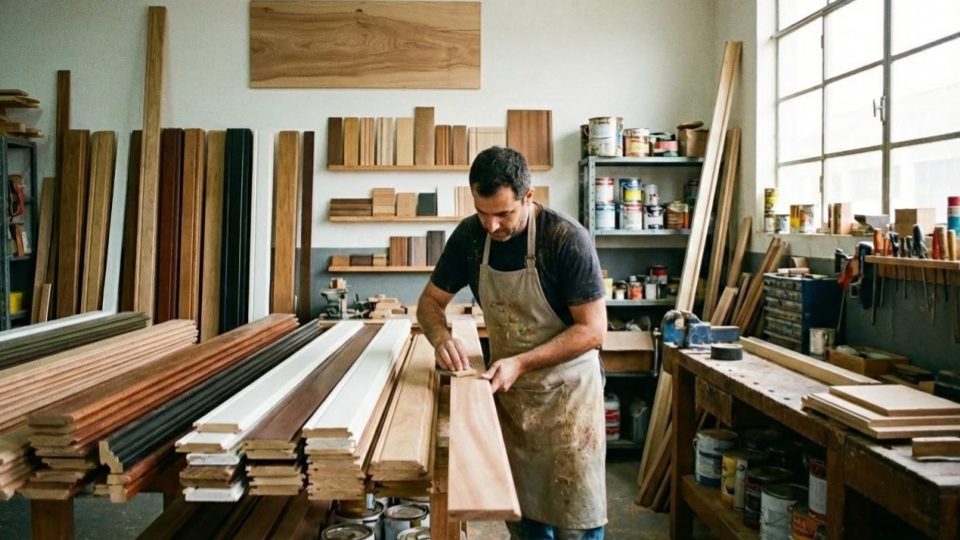 imagem retrata o interior de uma oficina de marcenaria artesanal, focando no trabalho manual de acabamento.