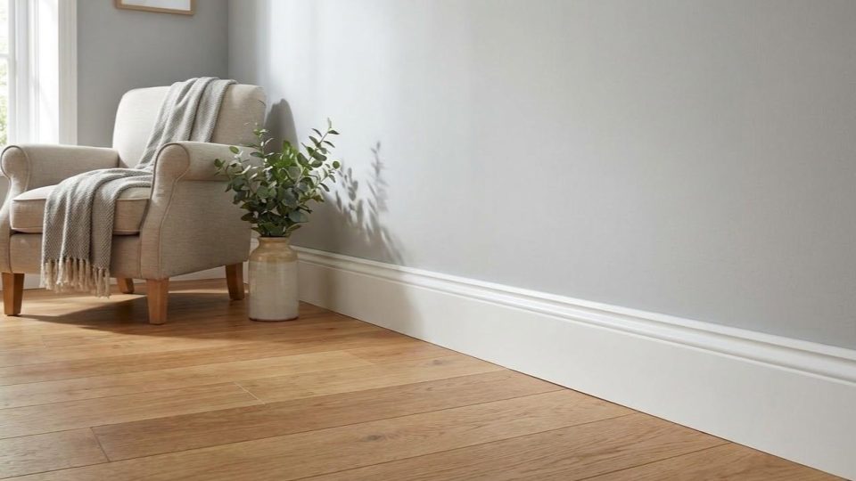 Esta imagem apresenta um ambiente de design de interiores focado em detalhes de acabamento, transmitindo uma sensação de serenidade, limpeza e sofisticação moderna.