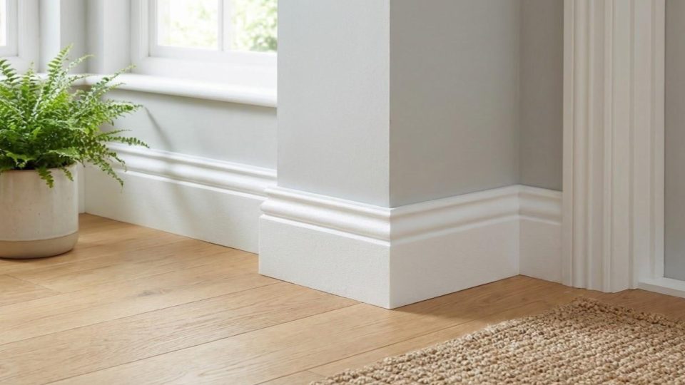 Esta imagem apresenta um detalhe de arquitetura de interiores que enfatiza o uso de molduras clássicas em um contexto moderno e iluminado.