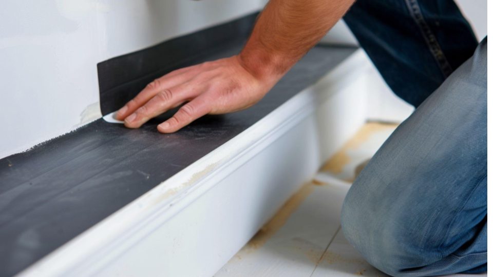 As imagens apresentadas ilustram diferentes estilos de acabamento e o processo técnico de instalação ou proteção de rodapés, variando entre o estético e o prático.