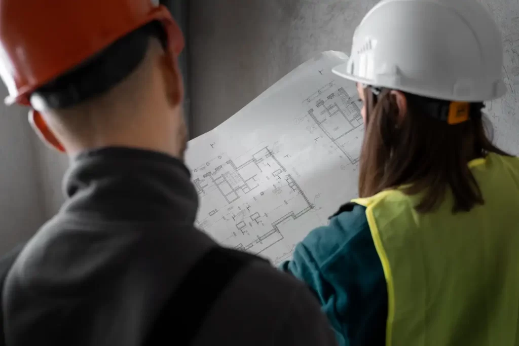 Engenheiros analisando projeto de construção em um canteiro com foco na planta baixa.