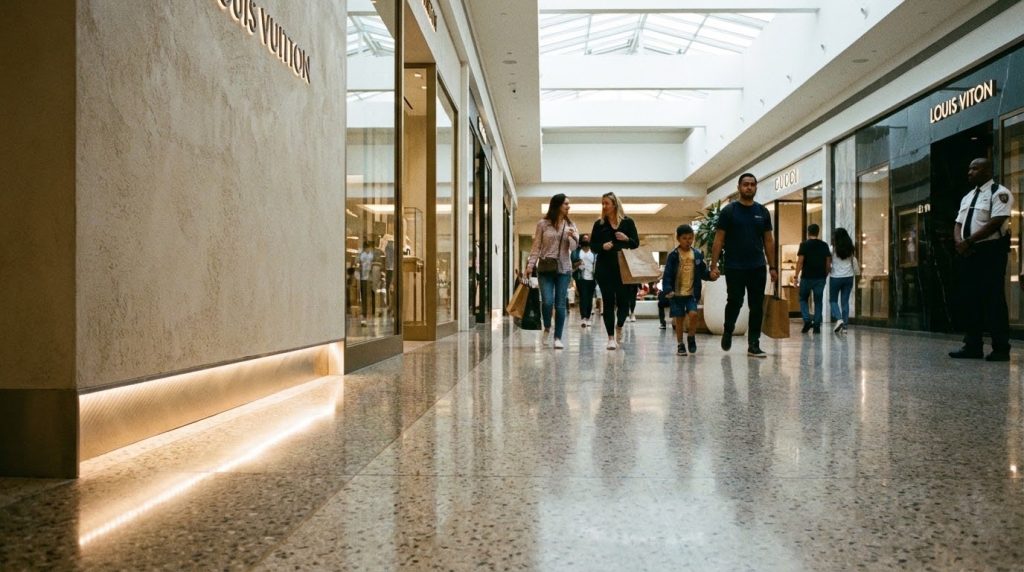 Turismo em shopping center de luxo com lojas de marcas famosas como Louis Vuitton e Gucci, ambiente moderno, movimentado.