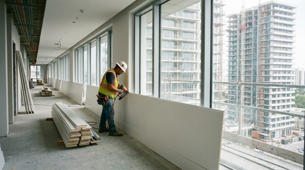 Trabalhador instalando revestimento em parede de ambiente interno de construções civis, com vista para prédios de escritórios.