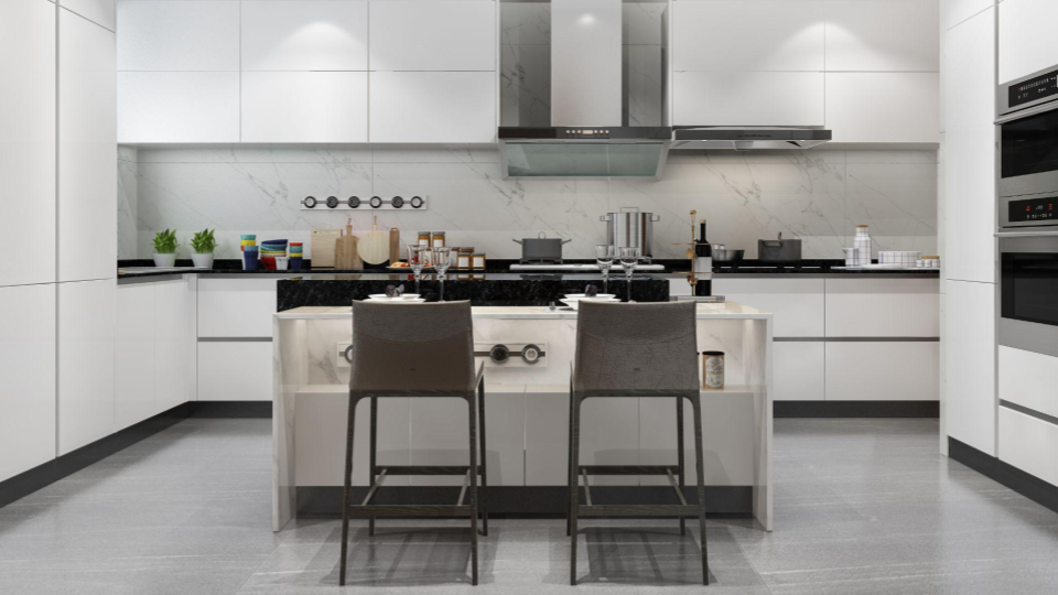 Esta imagem apresenta uma renderização 3D de uma cozinha planejada de luxo, com um design contemporâneo que foca na funcionalidade e em uma estética "clean" de alto padrão.