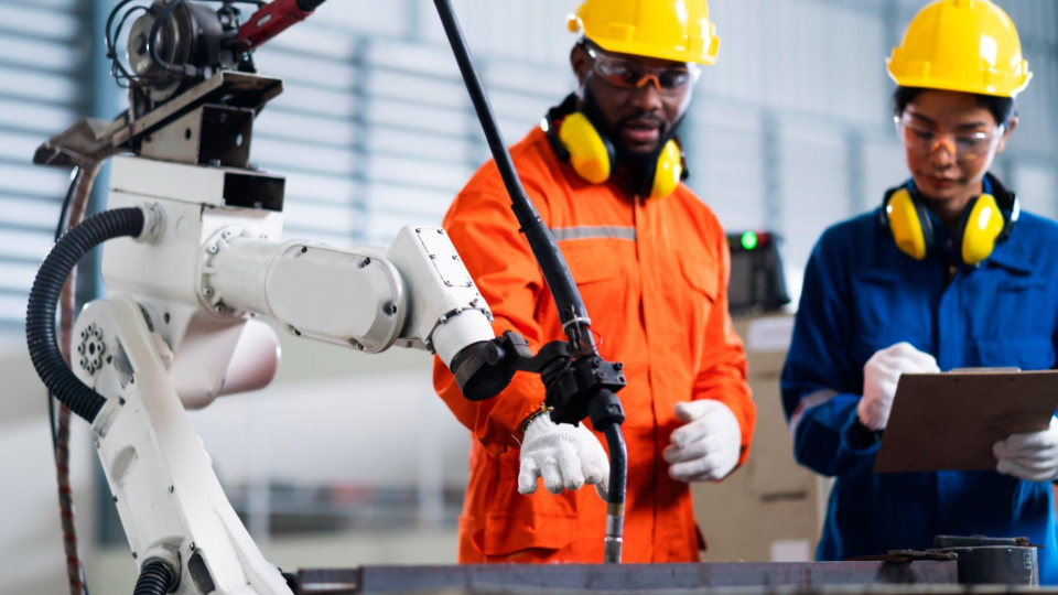 Esta imagem ilustra o conceito de Indústria 4.0, focando na colaboração entre humanos e robôs (cobots) em um ambiente fabril.