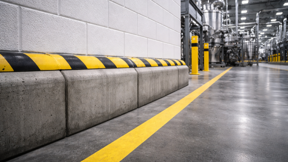 Um ambiente industrial moderno com piso de concreto polido. Ao lado de uma parede de blocos claros, há uma proteção de impacto em concreto com faixa de segurança preta e amarela. Linhas amarelas no chão indicam circulação, e ao fundo aparecem equipamentos industriais e estruturas metálicas.