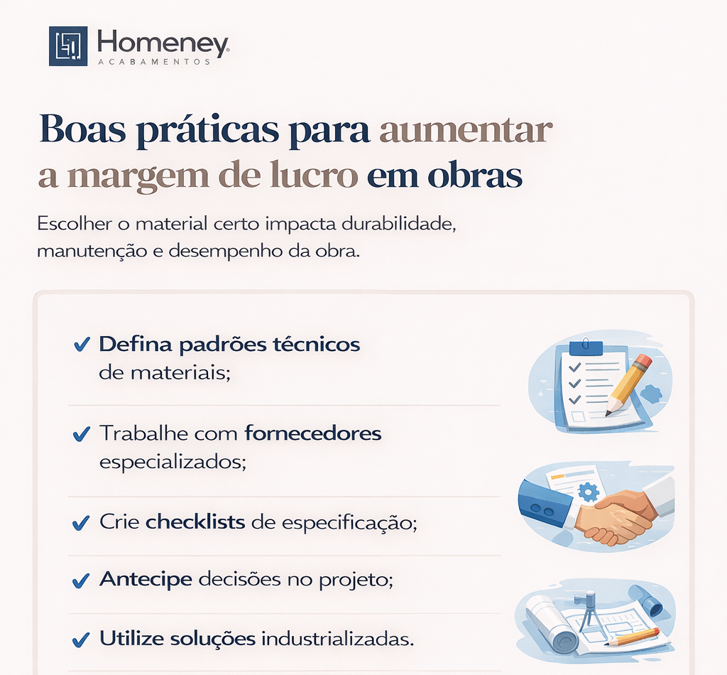 A imagem é um material gráfico informativo de uma empresa chamada “Homeney Acabamentos”, com foco em dicas para o setor da construção civil.