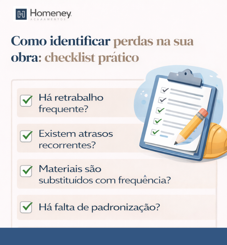 A imagem é um infográfico informativo da empresa Homeney Acabamentos, focado em gestão de obras. O design é limpo, utilizando tons de azul, bege e branco, com uma ilustração de uma prancheta, lápis e um capacete de segurança ao lado.