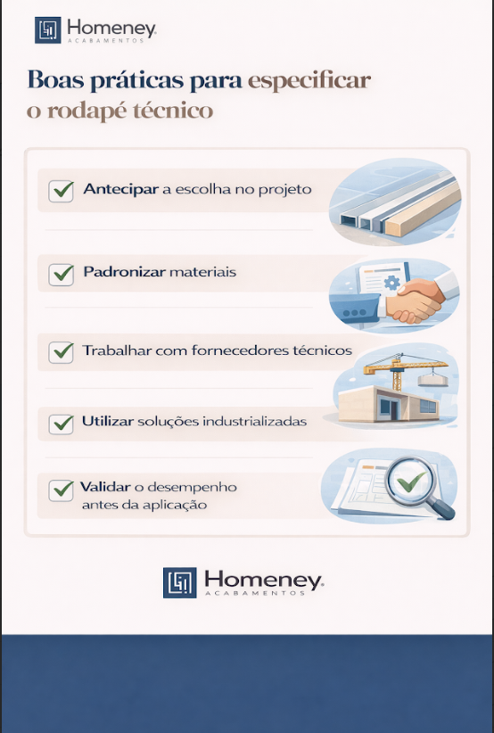 A imagem em formato vertical é um guia da marca Homeney Acabamentos, intitulado:

"Boas práticas para especificar o rodapé técnico"