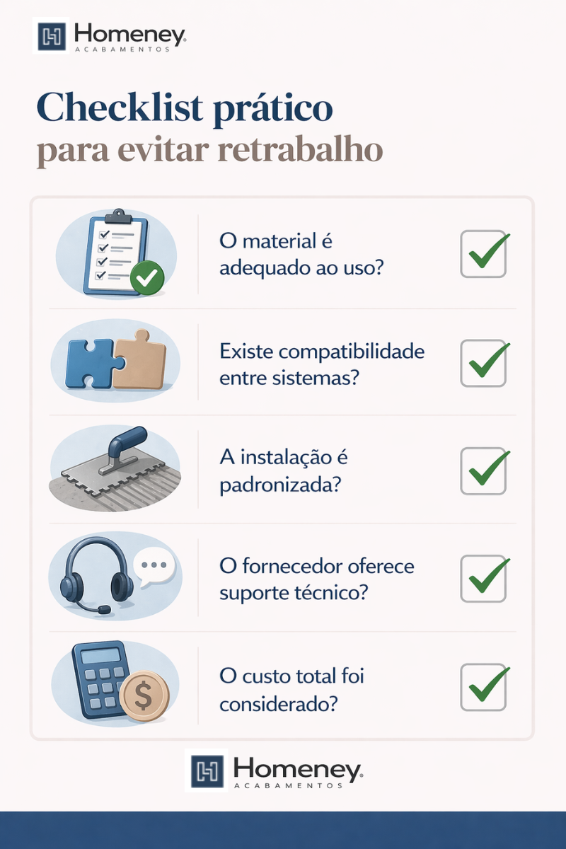 
Esta imagem apresenta um infográfico educativo com o título "Checklist prático para evitar retrabalho", focado em boas práticas, provavelmente voltado para o setor de construção civil ou gestão de projetos.