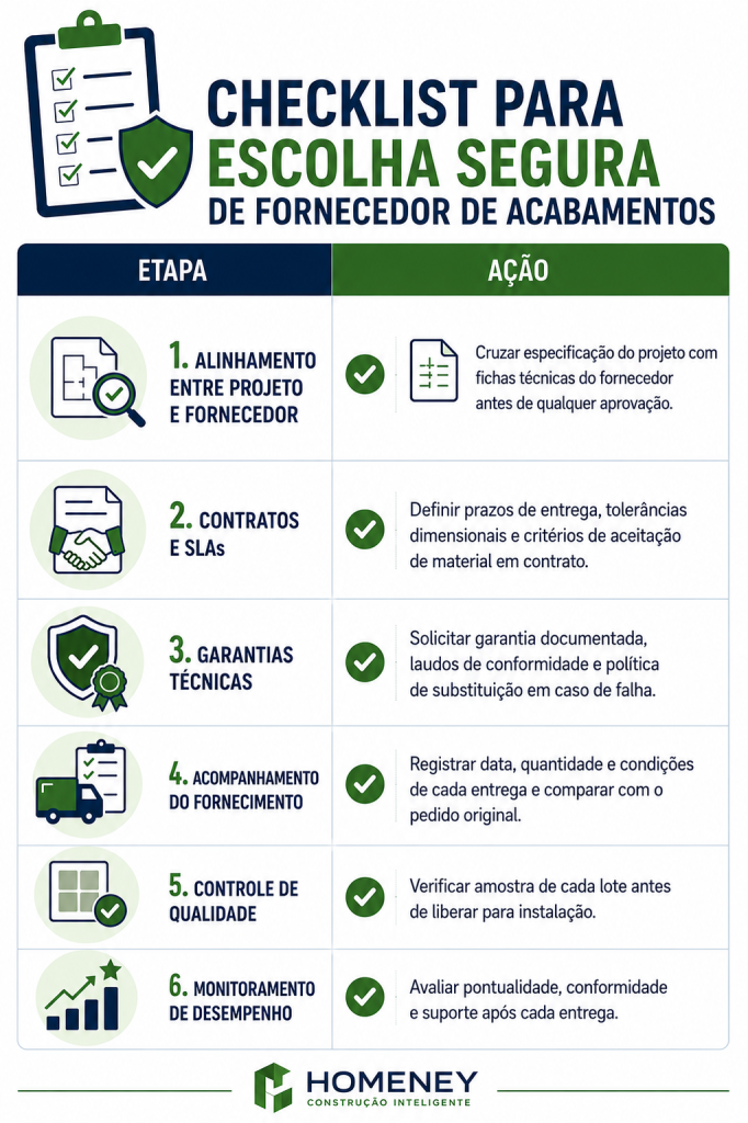 Um guia visual da empresa Homeney que detalha seis etapas fundamentais para contratar fornecedores de acabamentos