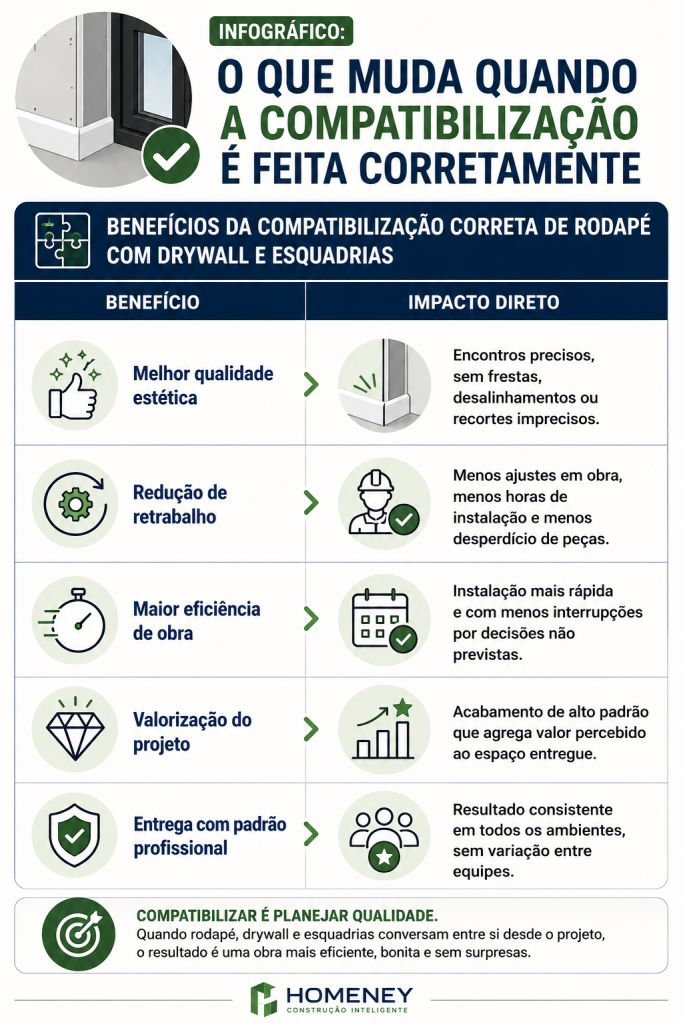 Um guia informativo da empresa Homeney que lista os benefícios de planejar a integração entre rodapé, drywall e esquadrias.