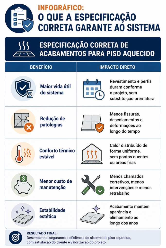 Este é um infográfico técnico e educativo focado na construção civil, especificamente sobre a especificação de acabamentos para sistemas de piso aquecido.