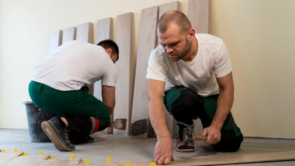 Dois profissionais instalando um piso que imita madeira. Um homem em primeiro plano usa um martelo de borracha e niveladores de piso (espaçadores amarelos), enquanto o outro ao fundo prepara as peças.