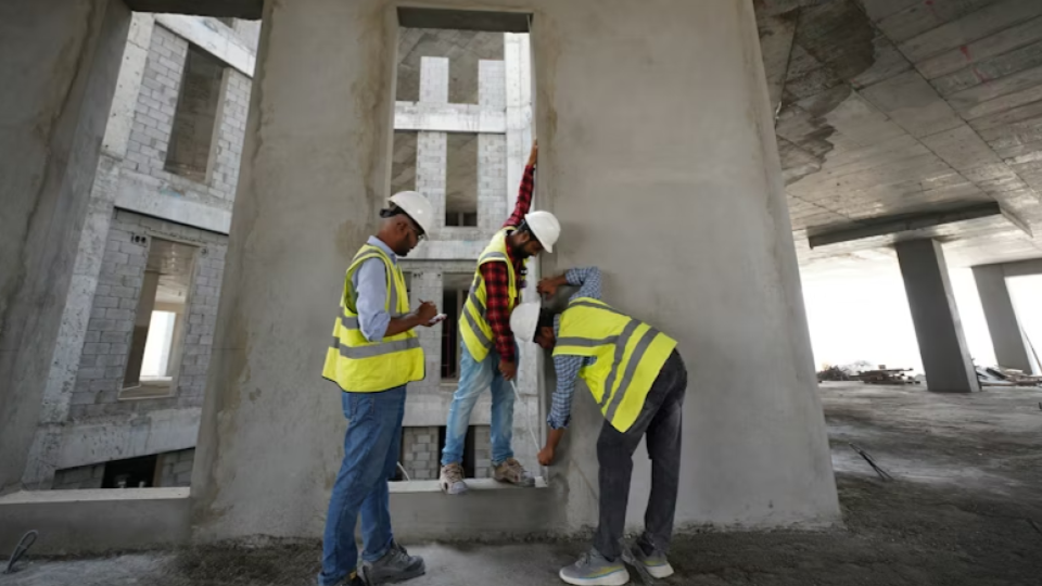 Três operários trabalhando no interior de uma grande estrutura de concreto armado (possivelmente um prédio comercial ou residencial de grande porte).