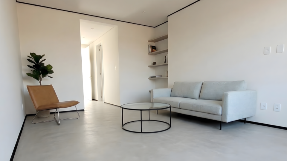 Uma sala ampla com paredes brancas e piso de microcimento cinza claro.