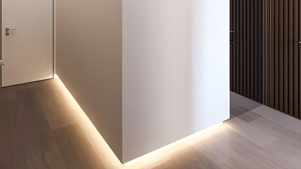 O ponto focal é a iluminação embutida no rodapé (fita LED), que cria um efeito de "parede flutuante" e ilumina o caminho de forma indireta e sofisticada.