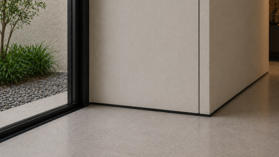 O chão é revestido com grandes placas de porcelanato em tom bege acinzentado, que harmonizam com a parede de textura lisa e clara.O destaque é o rodapé negativo (ou embutido) na cor preta, que cria uma linha de sombra elegante na base da parede, dando a impressão de que a parede flutua sobre o piso.