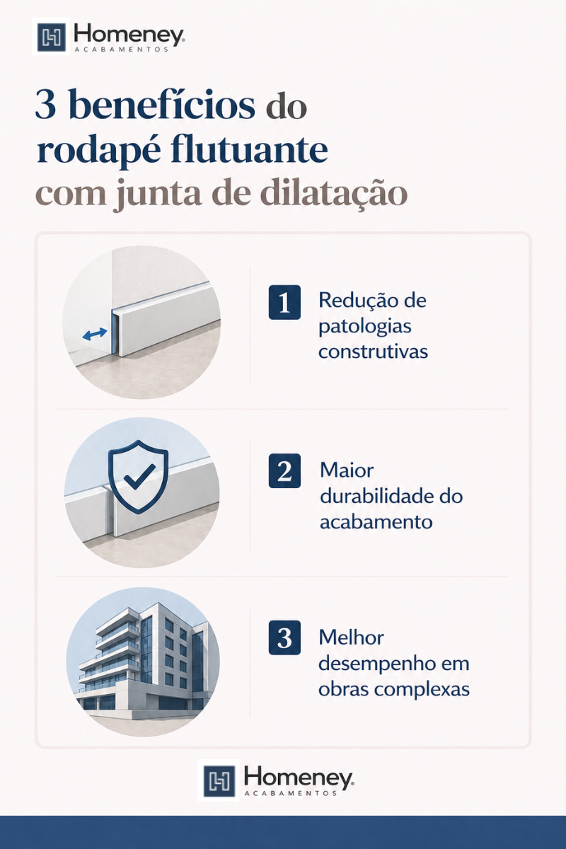 Esta imagem é um infográfico explicativo que apresenta as vantagens técnicas de um sistema específico de acabamento. O título principal diz: "3 benefícios do rodapé flutuante com junta de dilatação".