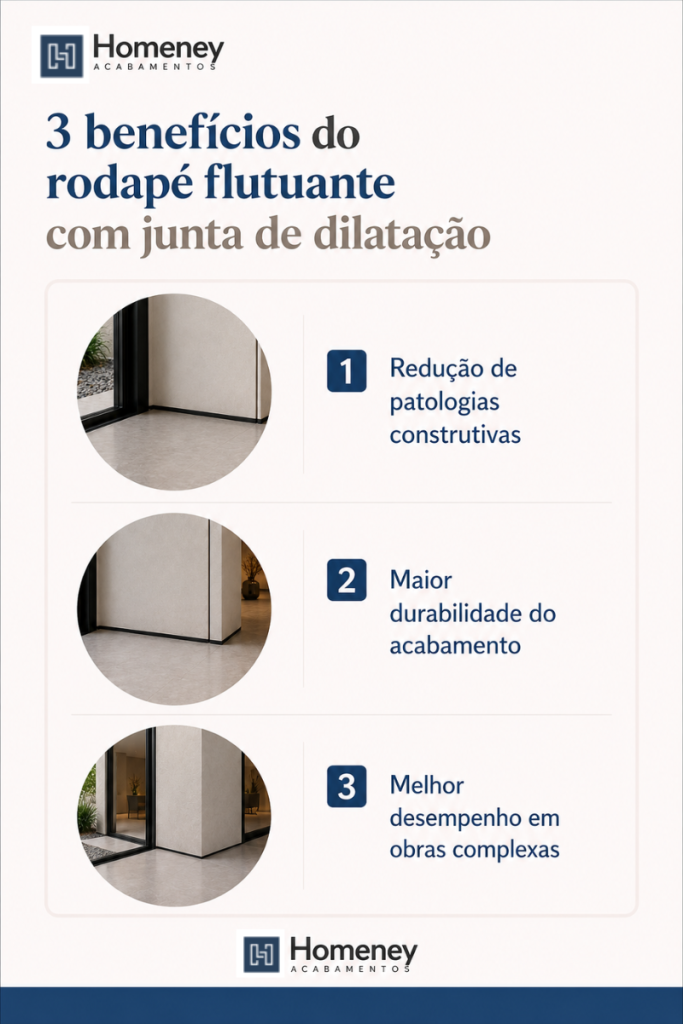 Esta imagem é um infográfico explicativo que apresenta as vantagens técnicas de um sistema específico de acabamento. O título principal diz: "3 benefícios do rodapé flutuante com junta de dilatação".