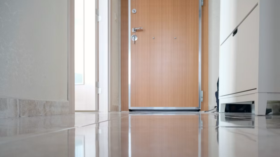 A imagem mostra a perspectiva ao nível do chão de um corredor residencial em direção à porta de entrada principal.