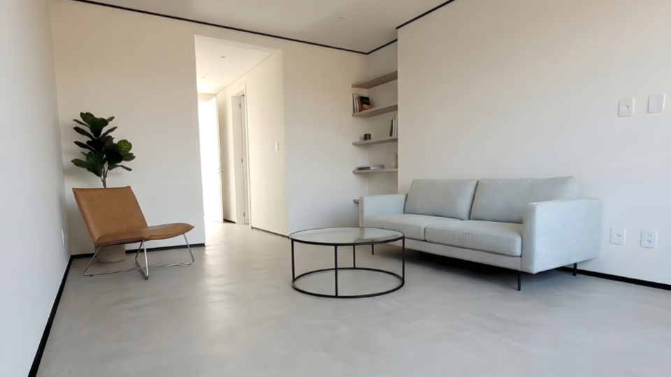 Esta imagem mostra a sala de estar de um apartamento com decoração minimalista e moderna.
