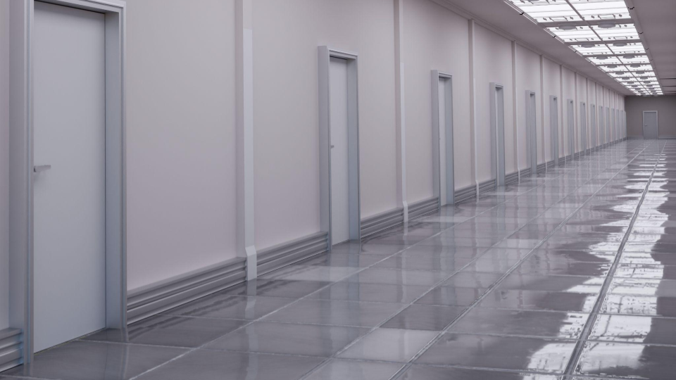 Corredor amplo e iluminado, com diversas portas alinhadas e piso brilhante, transmitindo organização e sofisticação.
