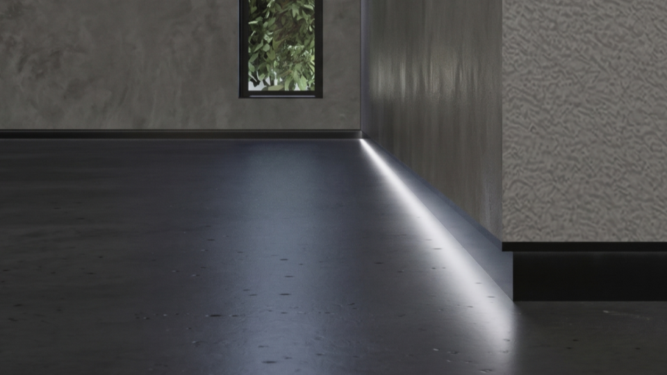 grande diferencial desta imagem é a presença de um rodapé invertido ou embutido com fita de LED. A luz branca contínua é projetada para baixo, desenhando o contorno da parede e criando um efeito "flutuante" na estrutura, além de servir como uma iluminação de orientação moderna.