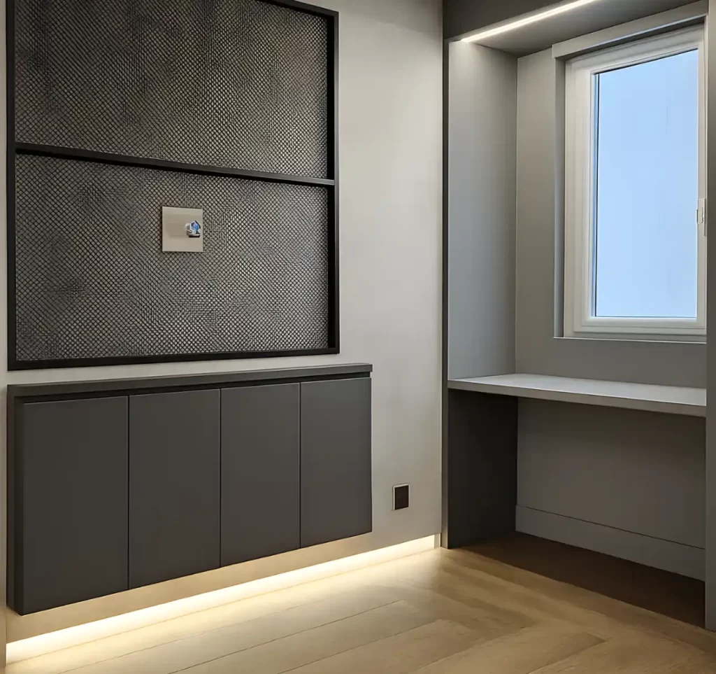 Ambiente interno moderno com nicho de madeira e armário cinza sob painel com tela metálica, iluminação embutida em LED na base e janela com luz natural ao lado.