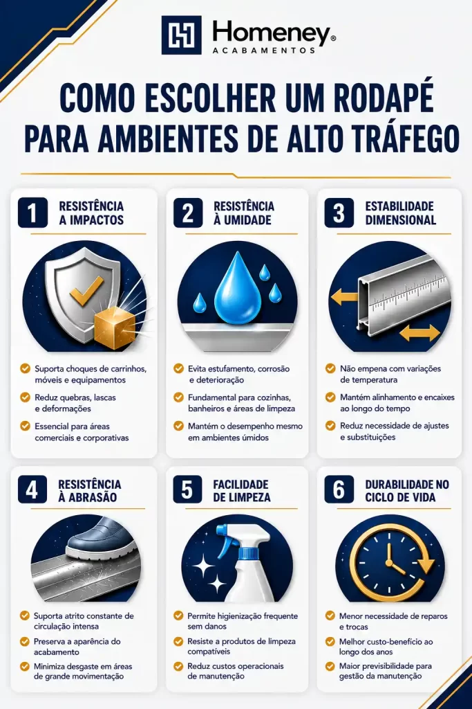 Arte gráfica com o tema “Como escolher um rodapé para ambientes de alto tráfego”, destacando 6 benefícios: resistência a impactos, umidade, estabilidade dimensional, abrasão, facilidade de limpeza e durabilidade no ciclo de vida.