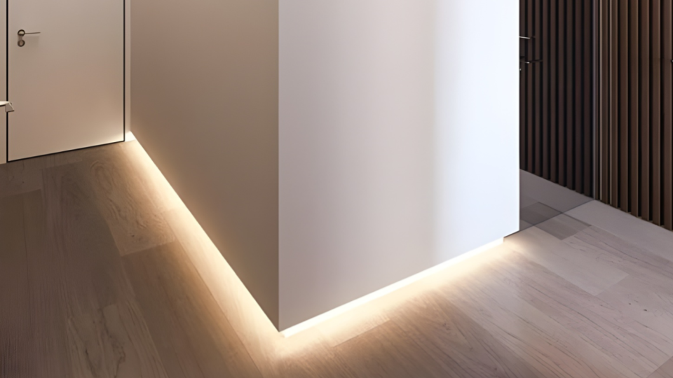 . O destaque central é o canto de um bloco de parede branca que parece "flutuar" ligeiramente devido a um sistema de iluminação embutido no rodapé.