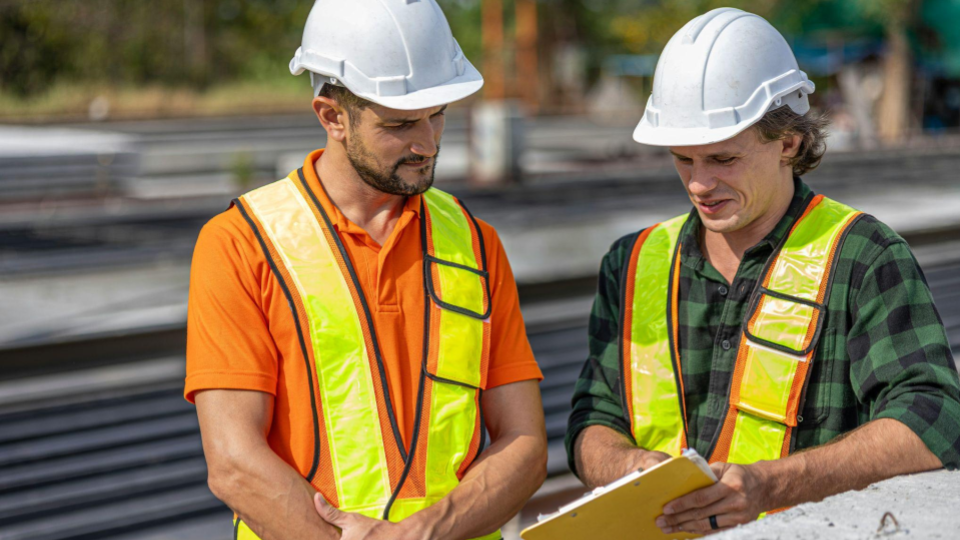 Esta foto retrata dois profissionais conversando e revisando dados em uma área de construção externa.