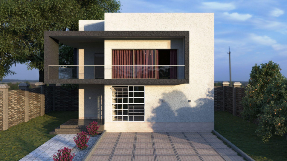 Renderização em 3D de uma casa residencial de dois andares com arquitetura minimalista, destacando uma varanda superior emoldurada em tom escuro e um jardim frontal modesto.