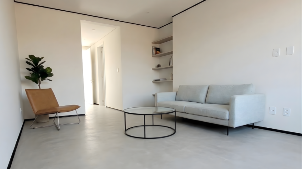 Sala de estar clean com paredes brancas, piso claro, um sofá cinza de dois lugares, mesa de centro de vidro redonda e uma poltrona de couro marrom.