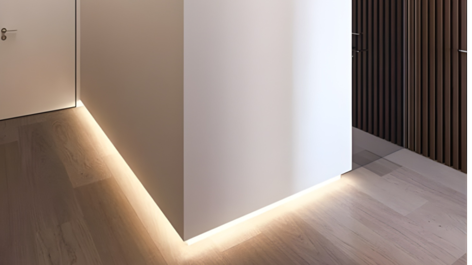 Detalhe de um corredor contemporâneo destacando um rodapé invertido com iluminação em fita de LED embutida.