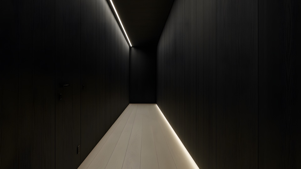 Imagem conceitual e arquitetônica de um corredor escuro e minimalista.