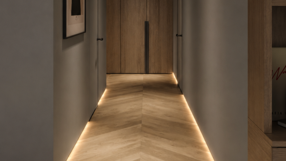 Corredor minimalista em tom cinza-escuro com piso de madeira padrão escama de peixe (chevron). O ambiente ganha destaque com fitas de iluminação LED instaladas na base das paredes, criando uma guia luminosa aconchegante até as portas ao fundo.