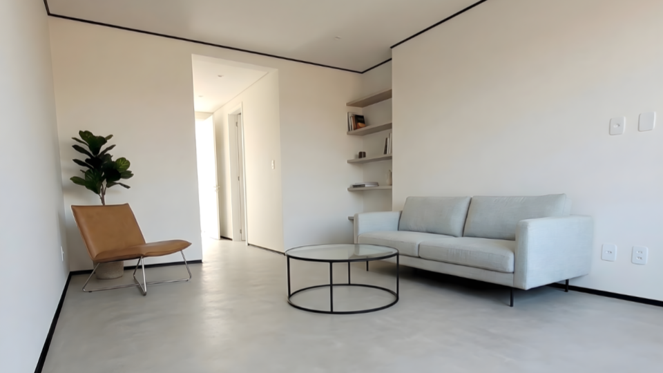 A imagem mostra uma sala de estar ampla com decoração moderna, minimalista e de tons neutros.