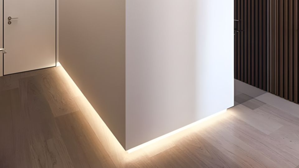 Espaço minimalista mostrando a quina de uma parede branca suspensa com iluminação indireta de LED no rodapé, criando um efeito visual de "flutuação" sobre o piso de madeira clara.