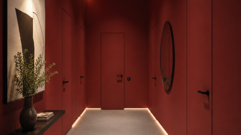 Corredor contemporâneo com paredes e portas camufladas em tom vermelho-terracota, maçanetas pretas elegantes, iluminação contínua embutida no rodapé, espelho oval e um aparador de apoio decorado com vaso de plantas e quadro abstrato.
