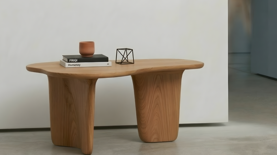 Mesa de centro com design contemporâneo e linhas orgânicas fluida, feita de madeira clara. Sobre o tampo, há uma pequena pilha de livros (com a marca "Homeney" visível na lombada), um vaso terracota e um elemento decorativo geométrico em metal preto.