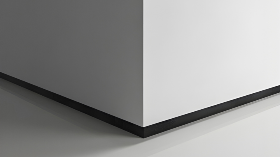 Um detalhe minimalista de rodapé na cor preta, instalado no canto de uma parede branca sobre piso claro.