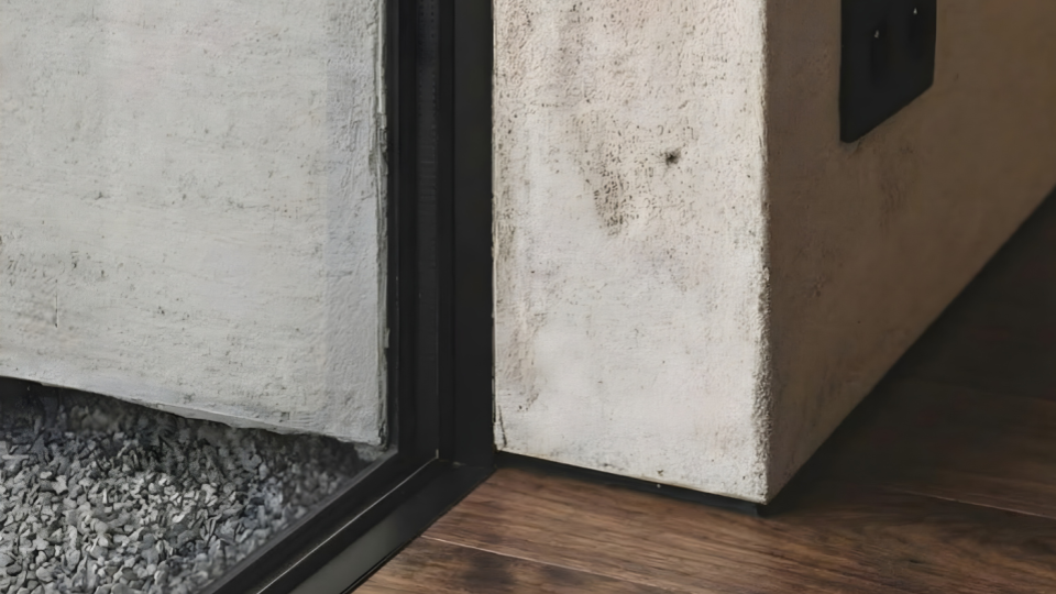Trata-se de um detalhe arquitetônico em close-up com estética rústica e minimalista, focando nos encontros de diferentes texturas e materiais na base de uma parede: