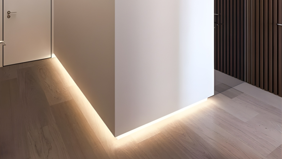 Minimalismo de Iluminação Cenográfica. Design arquitetônico focado no jogo de luzes indiretas e fita de LED flutuante, combinado com elementos de madeira (piso e painel ripado) que trazem elegância e sofisticação.