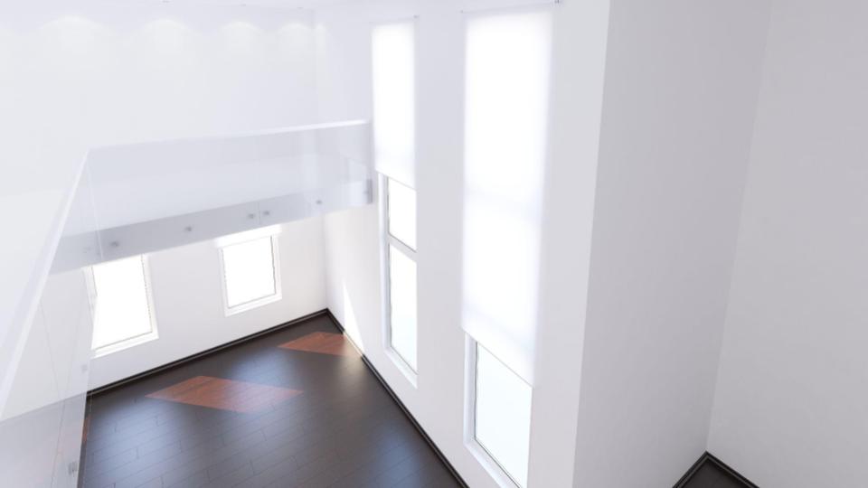 Arquitetura Contemporânea com pé-direito duplo. Design limpo, mezanino em vidro estruturado, janelas altas com iluminação abundante e piso escuro contrastando com o branco absoluto das paredes.