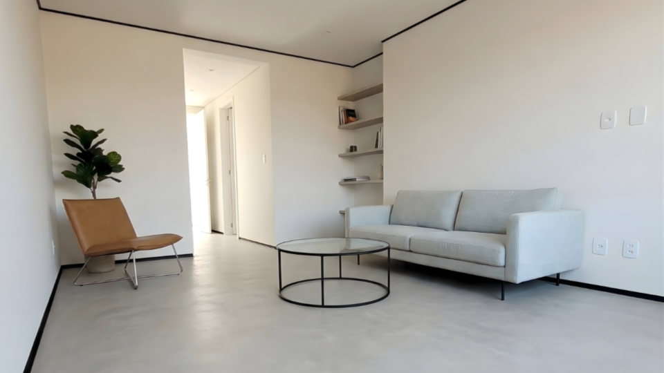 Ambiente amplo e limpo, com paleta neutra (branco e cinza), linhas bem definidas, piso de cimento queimado e poucos móveis de design essencial (poltrona em couro, mesa de centro de vidro e sofá neutro).